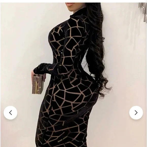 Pretty Tina Dresses | Graphic Print Classic Mesh See-Through Midi Dress | Color: Black/Tan | Size: XL | Diggs4'S Closet